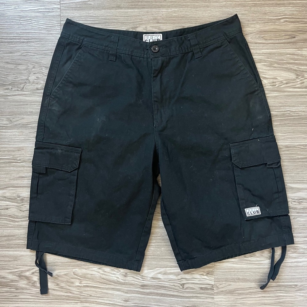 Pro Club Mens Black Cargo Shorts Size 38 Heavyweight Cotton Twill Drawstring Hem